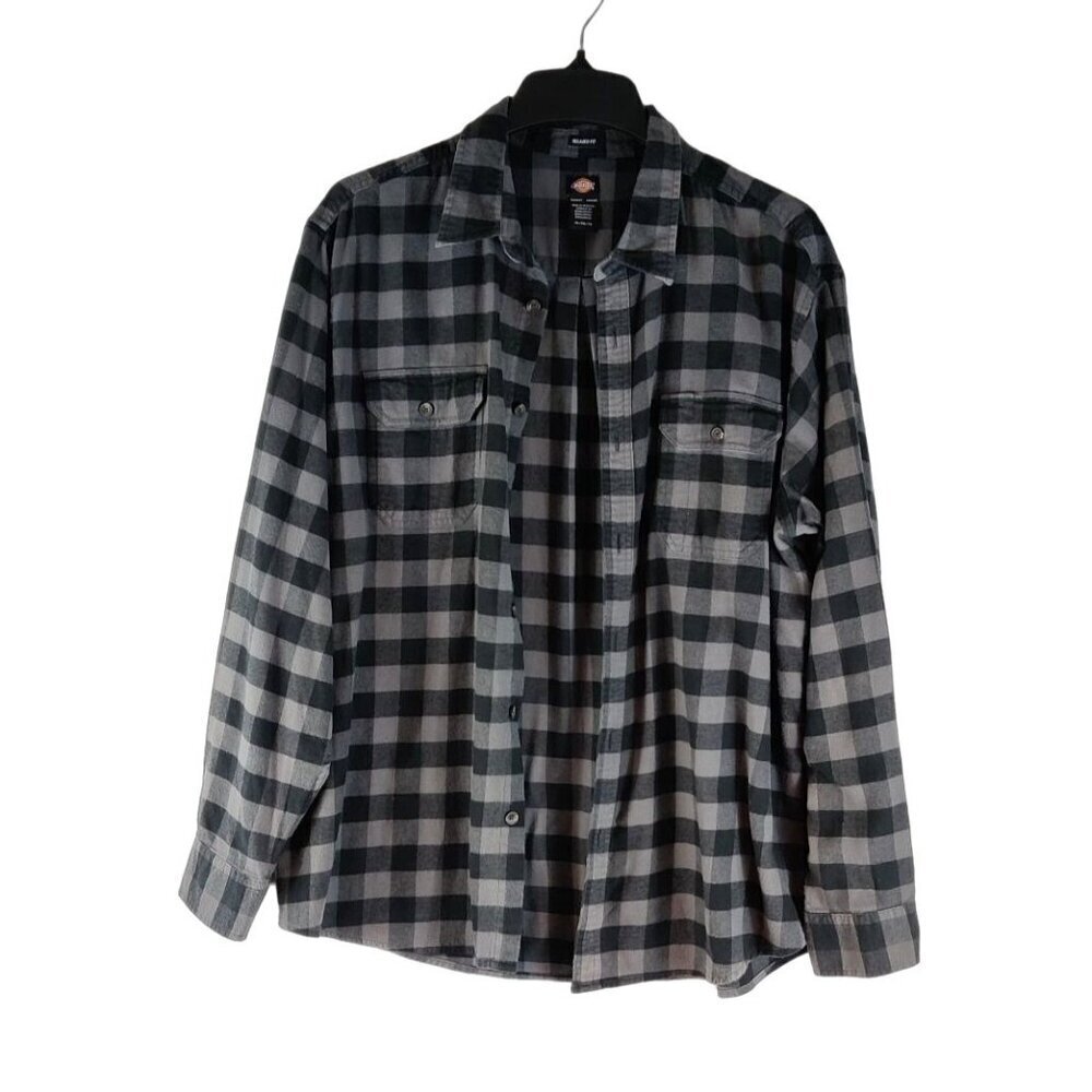 Flannel Shirt by Dickies Gray Black Plaid Cotton Relaxed Fit Sz XL Pockets